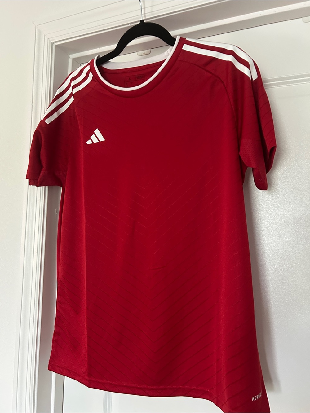 adidas Red women Short-Sleeve Soccer Jersey with White Stripes